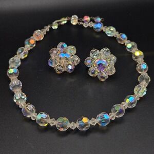 Vintage 1950s AB Aurora Borealis Crystal Necklace & Coro Clip On Earrings Set